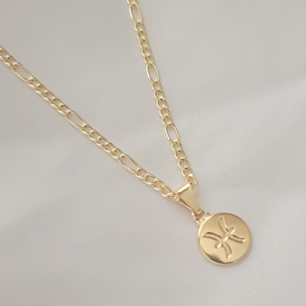 Gold Filled Pisces Zodiac Sign Charm Necklace Non Tarnish Figaro Chain Necklace